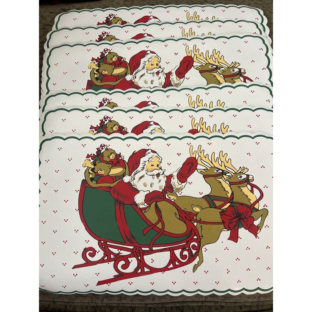 6 Santa Sleigh Reindeer Vinyl Foam Table Place Mats Vintage Christmas